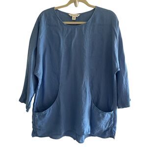 Coldwater Creek Blue Linen Top Women’s Size Large Pockets Pullover Boxy Tunic
